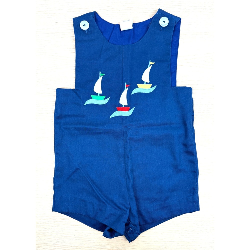 Vintage‎ Kids Blue Sailboat Embroidered Shortall Romper 24 Months